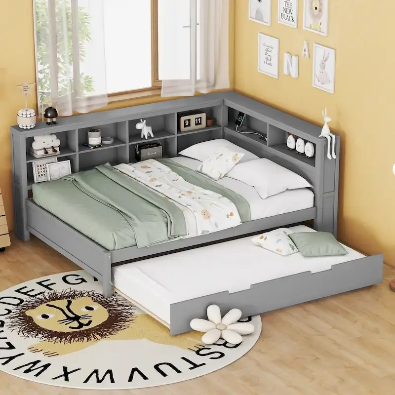 Wooden DayBed Sofa Bed Frame with L-Shape Storage Headboard, Platform Bed Pull-out Trundle Bed, USB Charging Ports