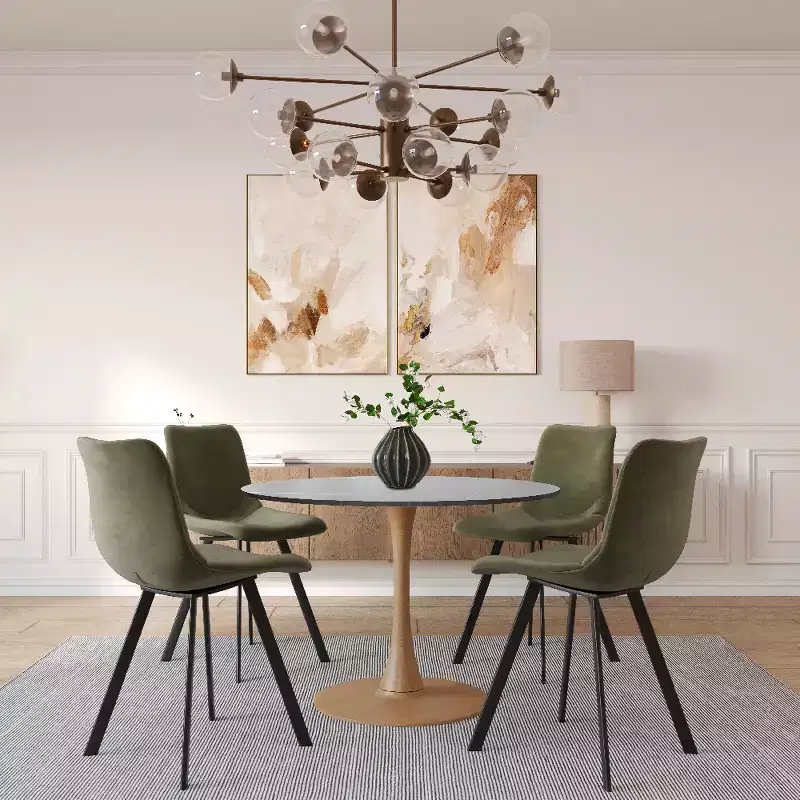 LeisureMod Bristol 40 Round Dining Table with Sintered Stone Top and Natural Wood Steel Pedestal Base for Modern Kitchen and Dining Room