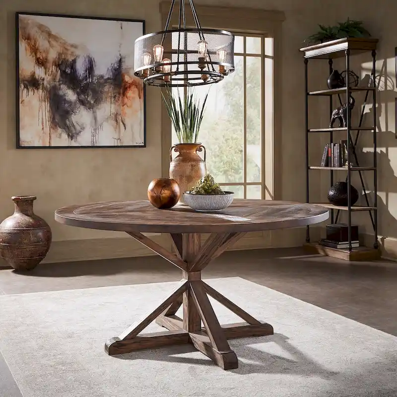 Krakova Rustic X-Base Round Pine Wood Dining Table