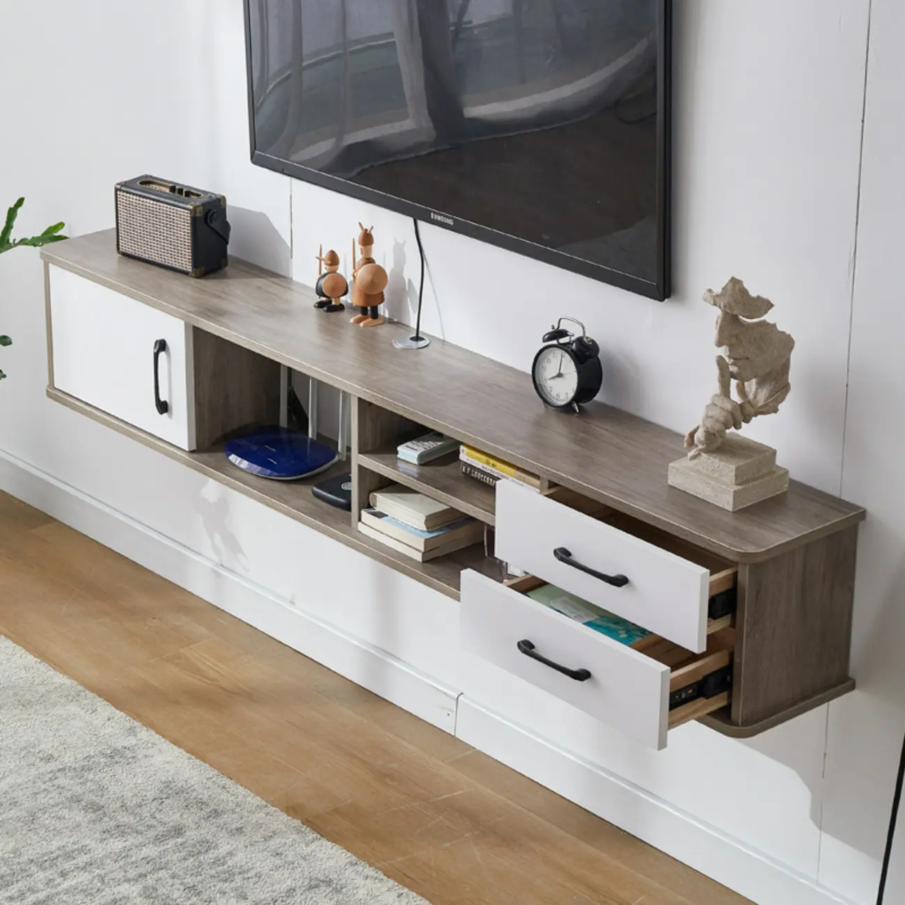 59 Grey Wooden Open Shelf Floating TV Stand with Drawers