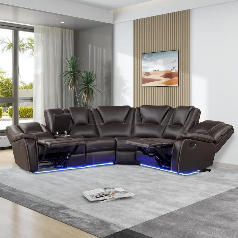 Modern Faux Leather Manual Reclining with Center Console with LED Light Strip,Living Room Furniture Set,PU Symmetrical Couch