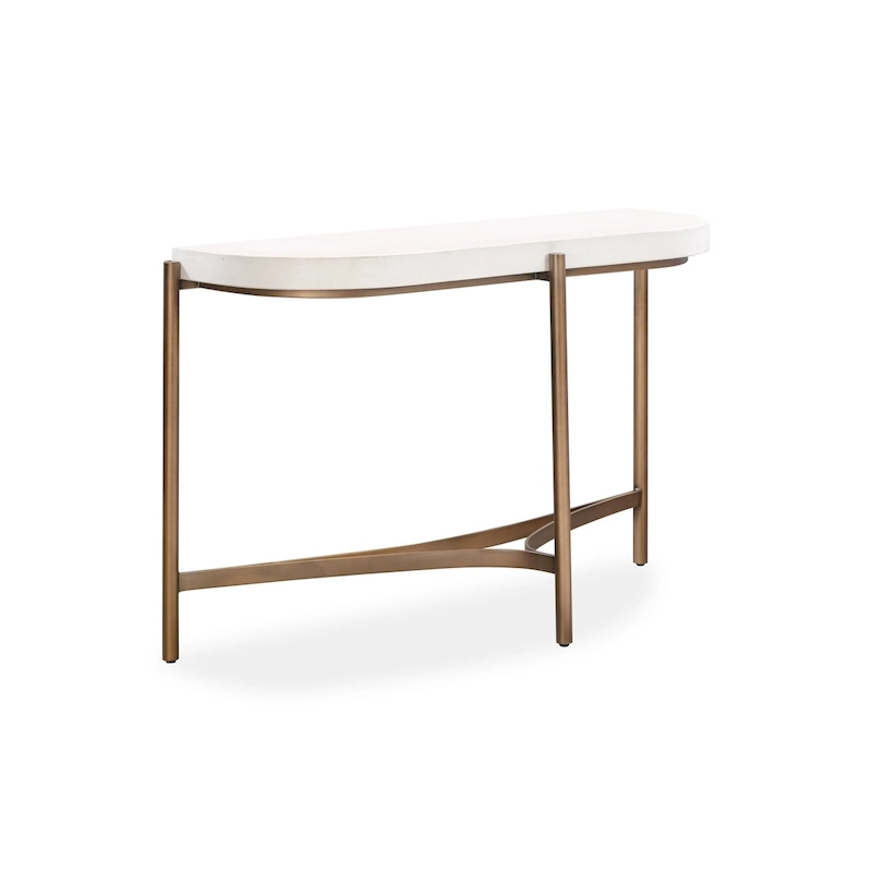 Leyu 51 Inch Curved Console Sofa Table, White Concrete Top, Bronze Base