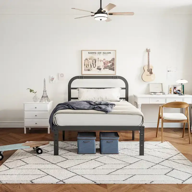 Black Metal Bed Frame with Headboard, 14