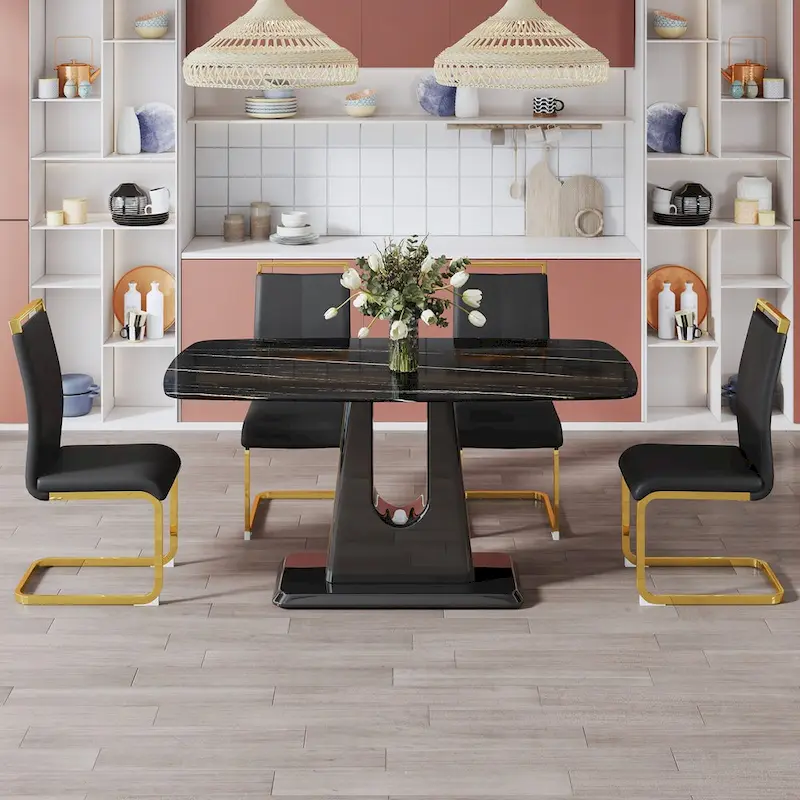 Dining table. Black imitation marble pattern desktop. Black MDF table legs, gold lines, black base