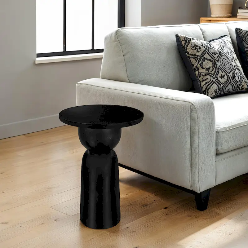 Tia 12 Inch Round Side End Table with Turned Pedestal Base, Mango Wood in Matte Black Finish