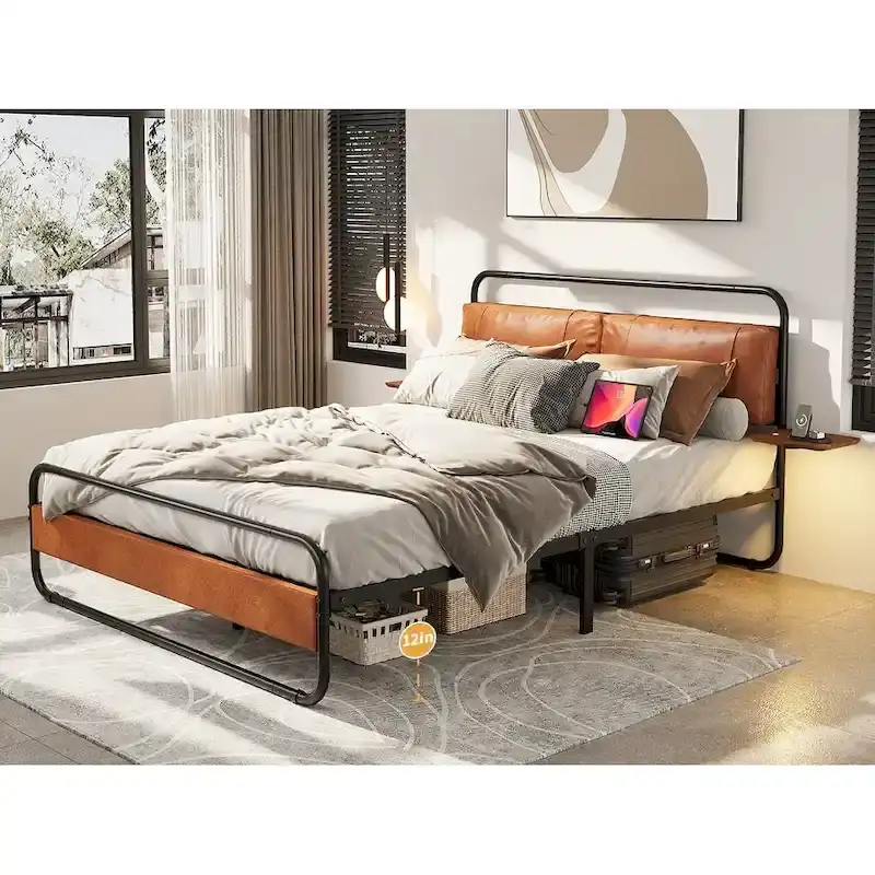 Metal Bed Frame with Upholstered Headboard, Wireless Charging and USB A & USB C & LED Light