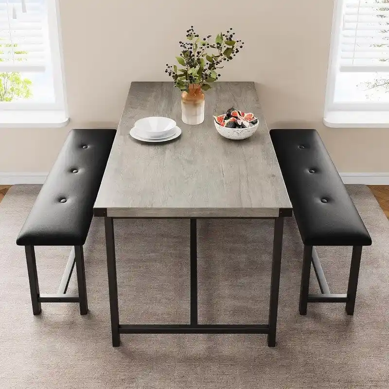 Dining Table Set for 4, Kitchen Table with 2 Upholstered Benches