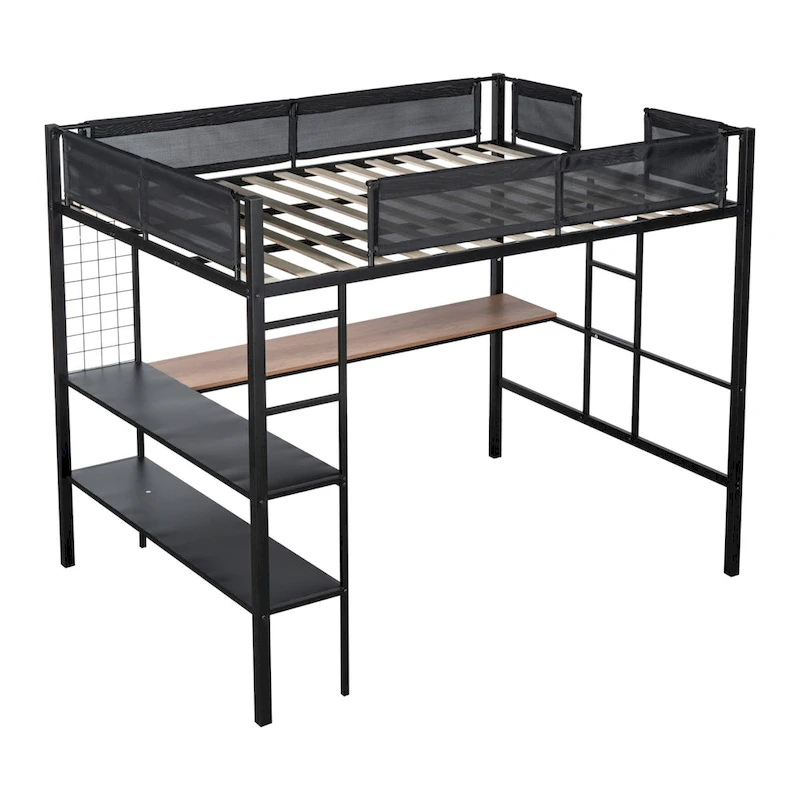 Metal Full Size Loft Bed with Desk & Shelves/ Sturdy Metal Bed Frame/ Noise-free Wood Slats/ Guardrail/ Built-in Desk