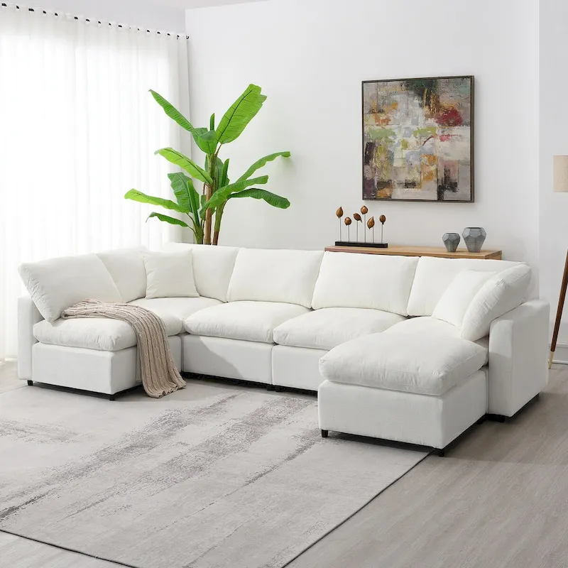 U-Shaped Modular Chenille Sectional Sleeper Sofa with Ottoman