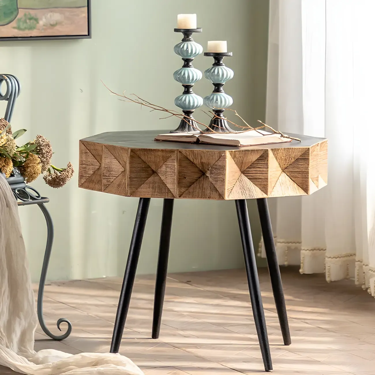 Elegant Geometric Wooden Block Accent Side Table