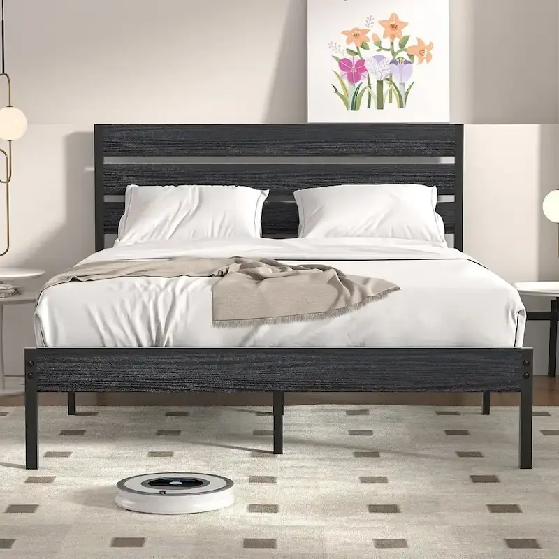 Javlergo Platform Bed Frame with Wood Headboard, Strong Metal Slats Support/No Box Spring Needed, Black