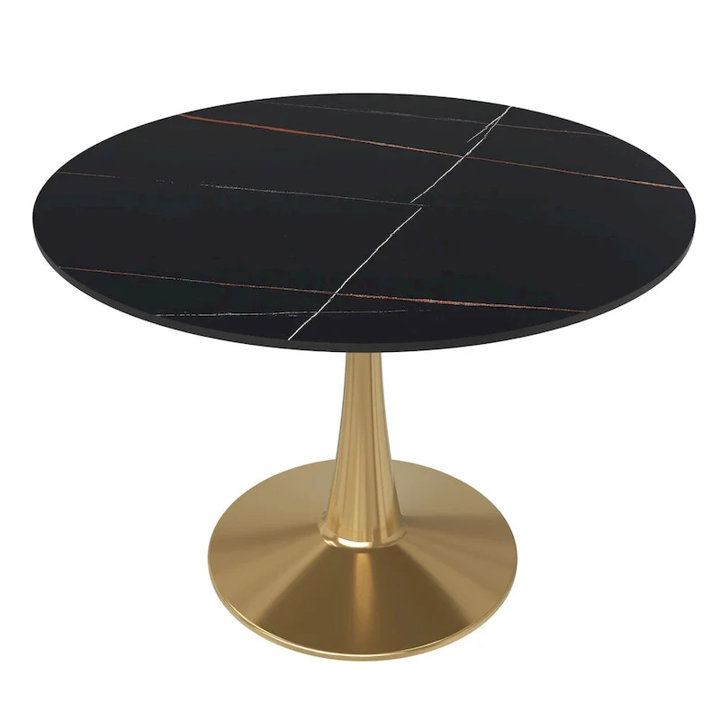 LeisureMod Round Dining Table 40 Sintered Stone Tabletop in Gold Steel Bistro Series