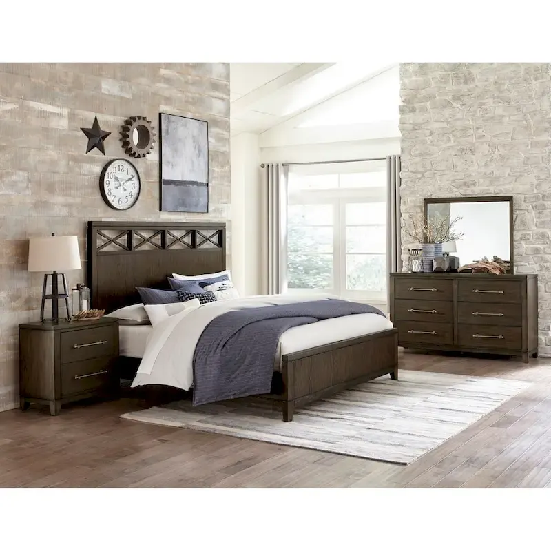 Modern Contemporary Dark Brown 5pc Bedroom Set Bed Nightstands Dresser Mirror