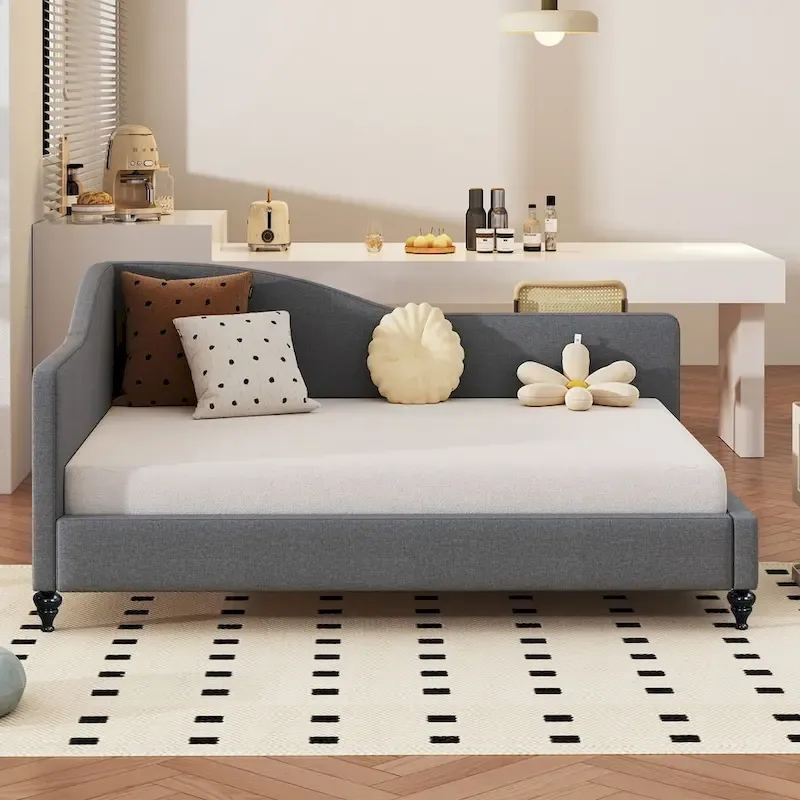 L-Shaped Linen Daybed with Solid Wood Legs