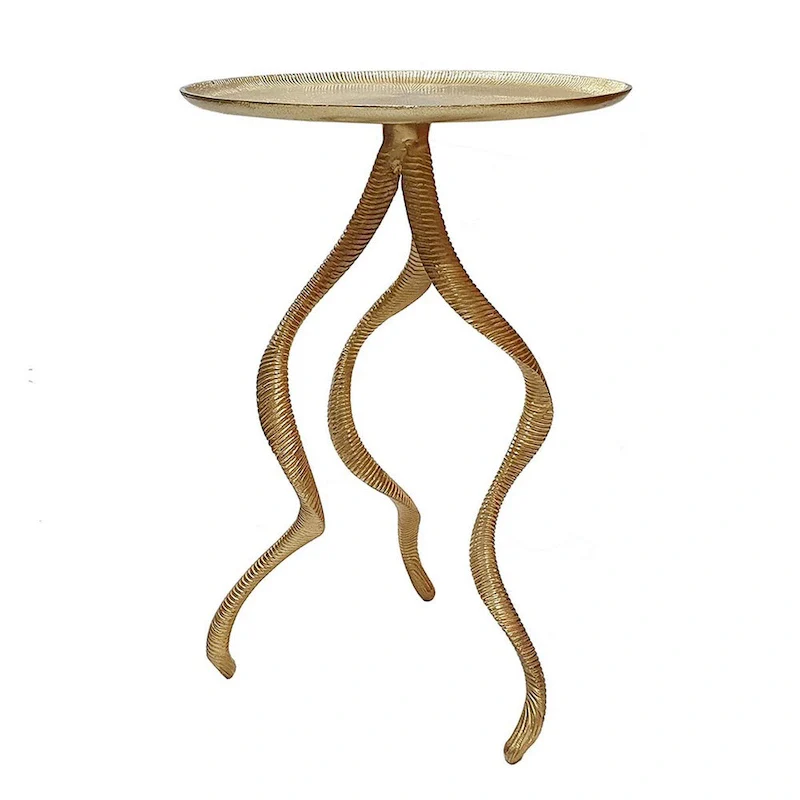 24 Inch Accent Side Table, Antler Base Design, Ribbed Top, Aluminium, Gold