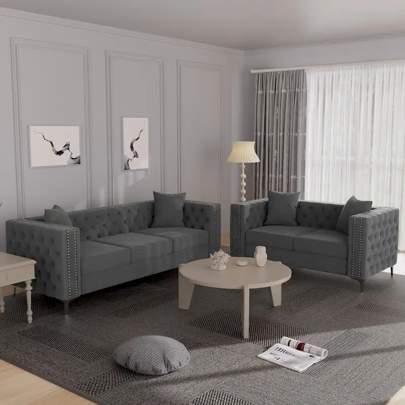 Morden Fort Modern 2 Pieces of Loveseat and Sofa Couch Set with Dutch Velvet Beige, Iron Legs