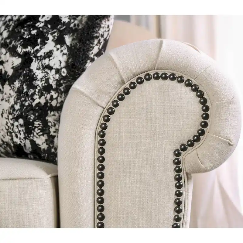 Glam Beige Fabric Upholstered Tufted Nailhead Trim Sofa