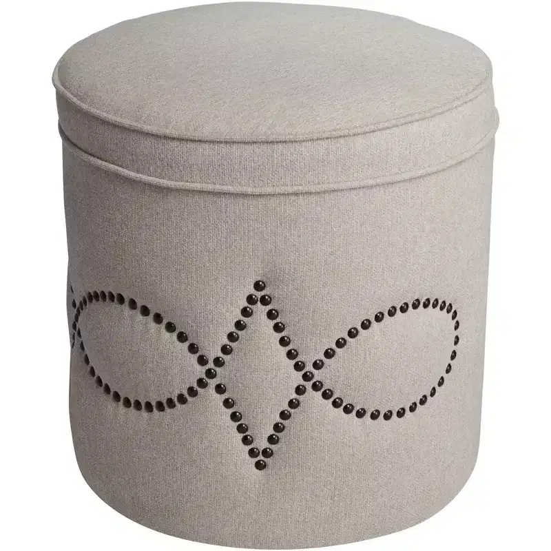 55 Downing Street Iriza Oatmeal Nailhead Round Ottoman