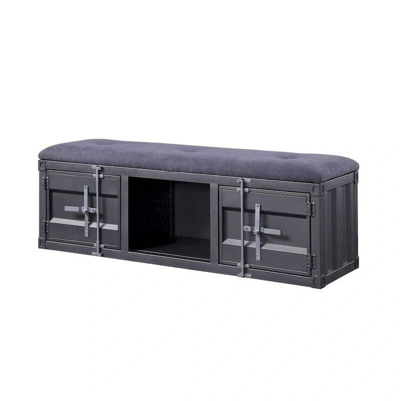 Industrial Style Metal and Fabric Bench with Open Storage, Gray