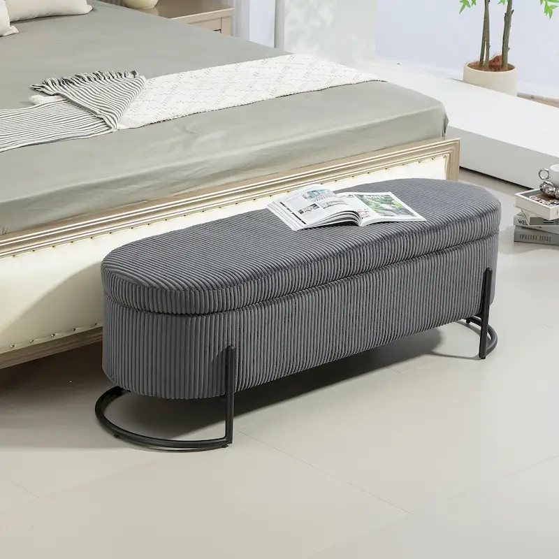 Padded Velvet Fabric Storage Bench Ottoman with Safety Hinge and Metal Legs