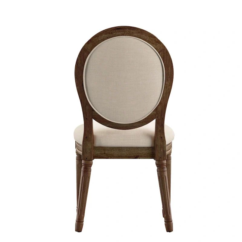 Round Linen and Wood Dining Chairs Set of 2, Artisan Style Upholstered Side Chairs