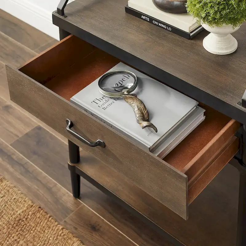 Mid-Century Side Table - Wood & Metal, 1 Drawer + Shelf, Minimalist Design, 35 lbs Capacity