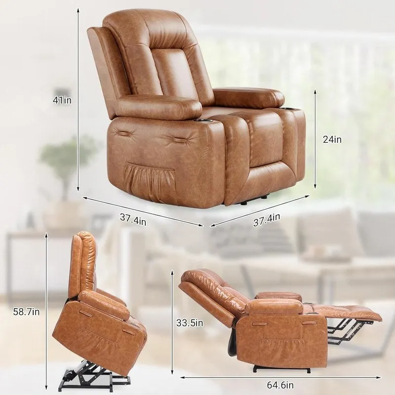 Power lift recliner chair with massage, cup holders, and side pocket.