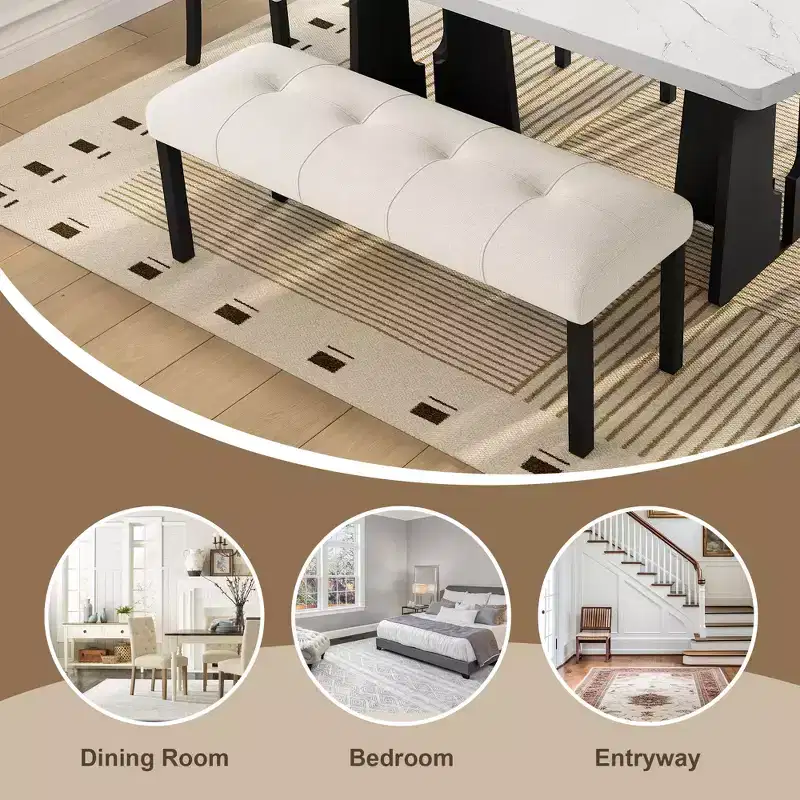Modern Tufted Linen Dining Bench with Rubber Wood Legs
