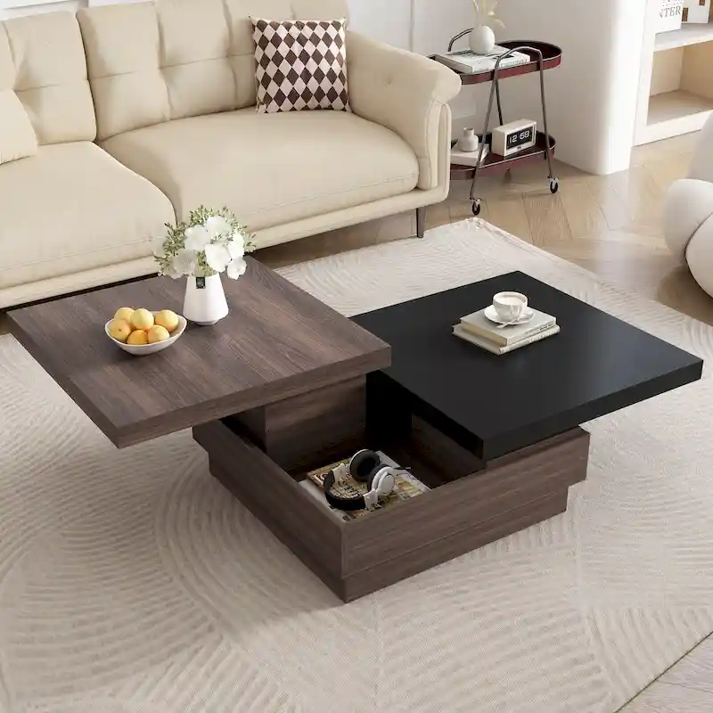 Modern 2 Tier Square Coffee Table Swivel Top Coffee Table with 1 Hidden Storage Space, for Living Room