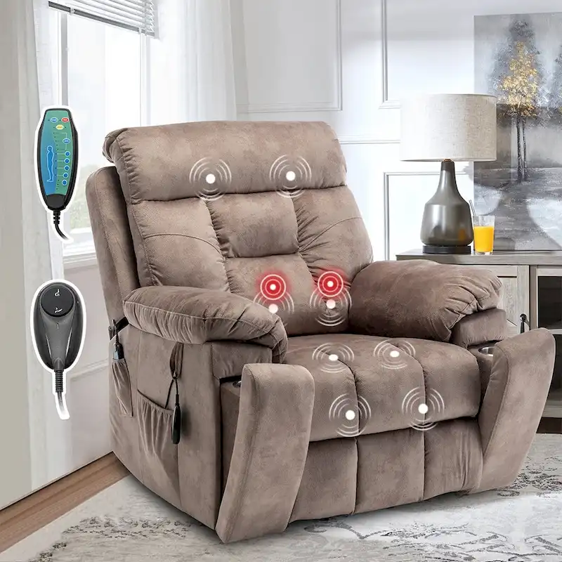 Power Lift Recliner, Massage & Heat, Velvet, 8-Point Massage, Cup Holder, Reclines 160°, Seats 1, Light/Dark Brown