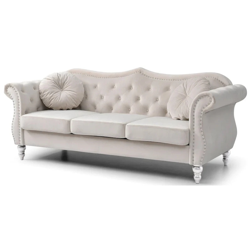 Hollywood 82 in. Velvet Chesterfield 3-Seater Sofa with 2-Throw Pillow - 82L x 35W x 34H