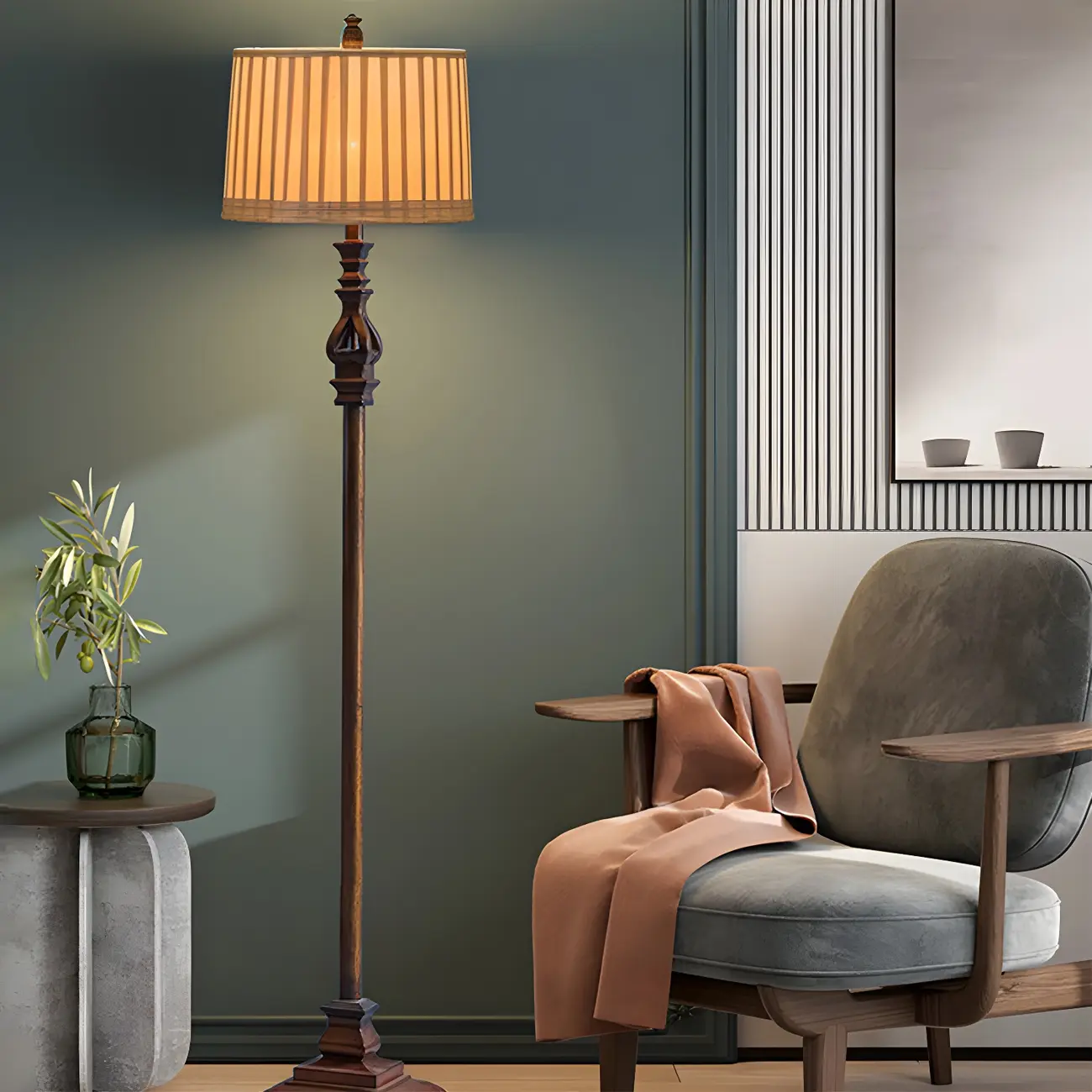 Traditional Wooden Drum Floor Lamp for Living Room