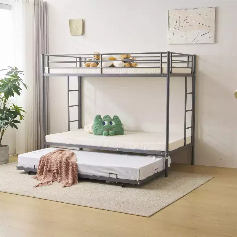 Karl Home Blcak Twin over Twin Bunk Bed with Trundle, Heavy Duty Metal Bed Frame with Safety Rail Side Ladders