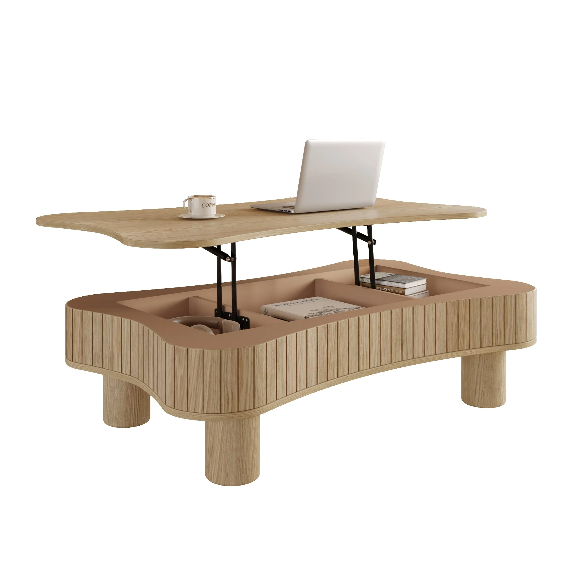 Walker Edison | Curve Design Reeded Lift Top Coffee Table and Desk
