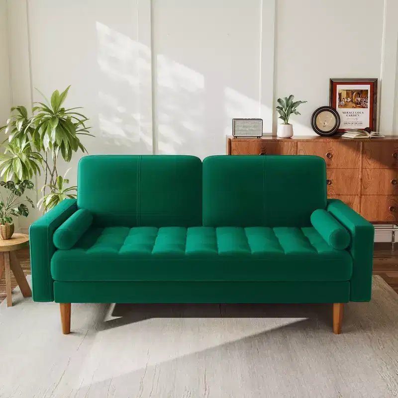 Dyonery 67 Sofa Velvet Loveseat Couch Mid Century Modern Sofa Couch with Solid Wood Legs Beige
