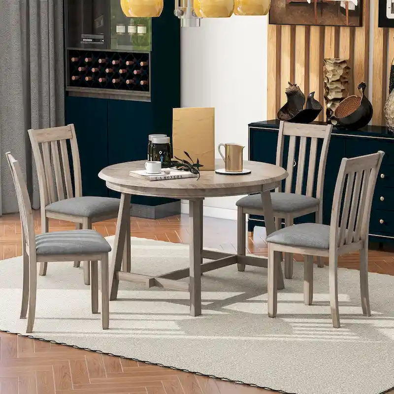 5-Piece Wooden Dining Table Set with Round Extendable Table & 4 Chairs