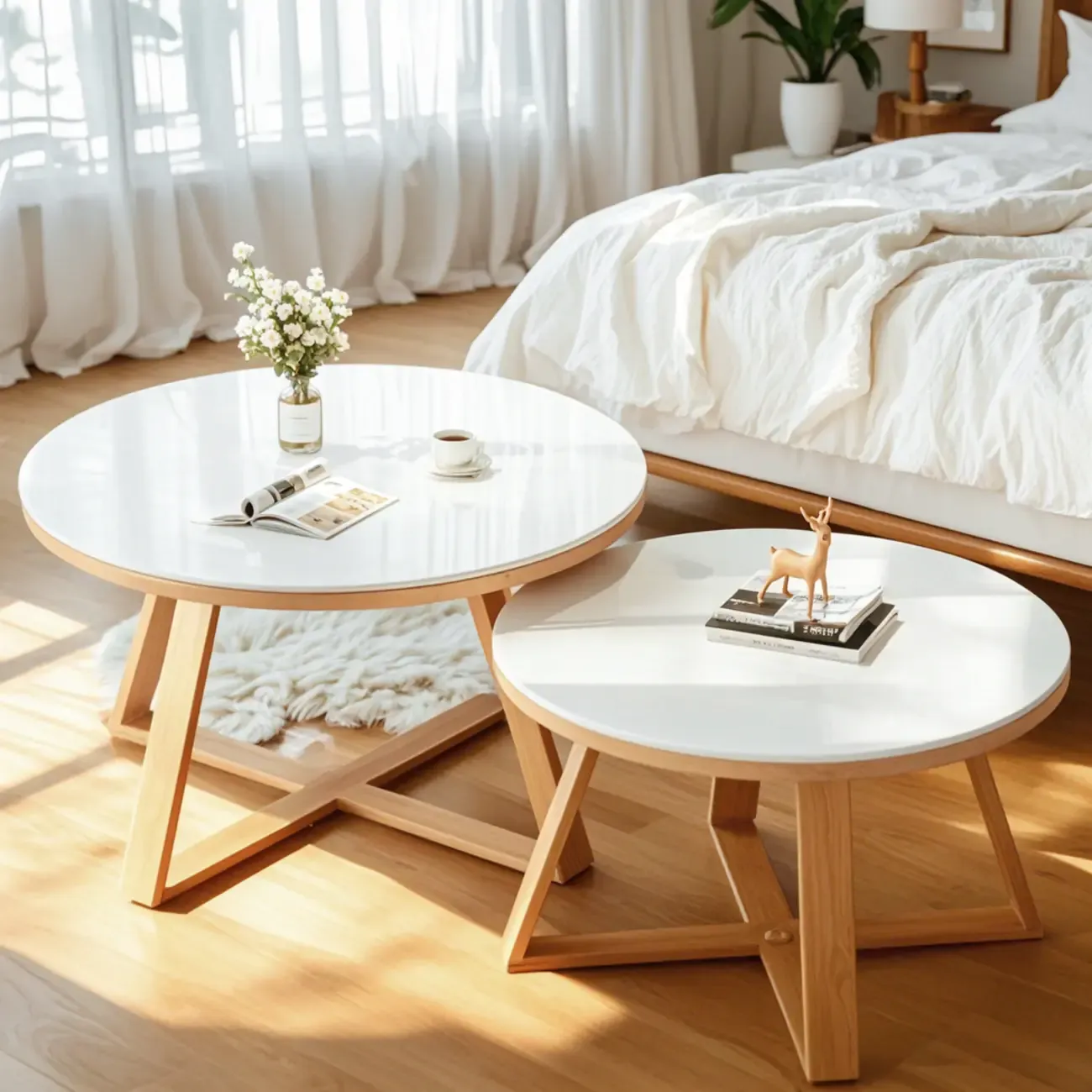 Modern Marble Round 2 Nesting Coffee Table Set with Wood Base