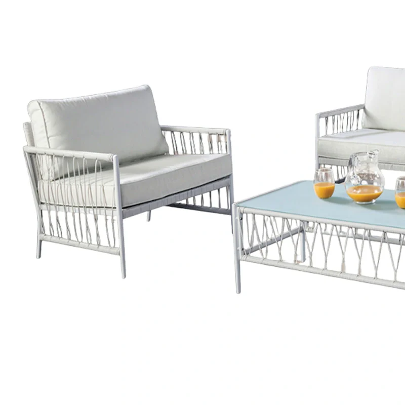 Hema 4 Piece Patio Set with 2 Chairs, Table, and Sofa, White Fabric, Metal