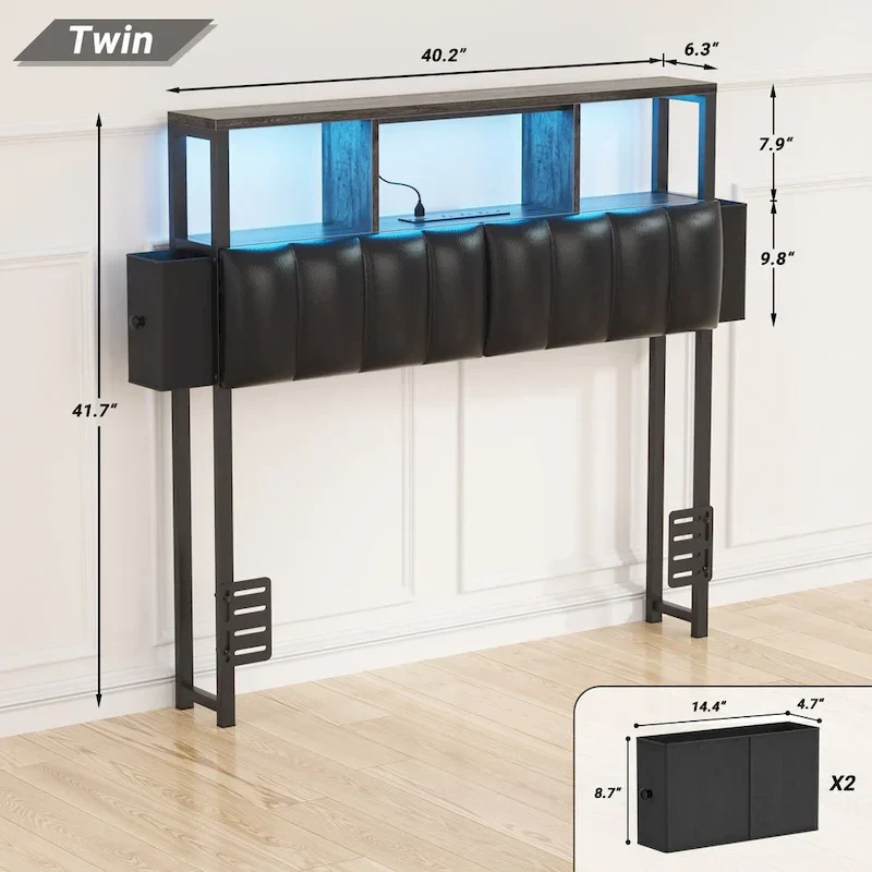 Upholstered Headboard with Hidden Drawer, Head Board with Power Outlet and LED Light