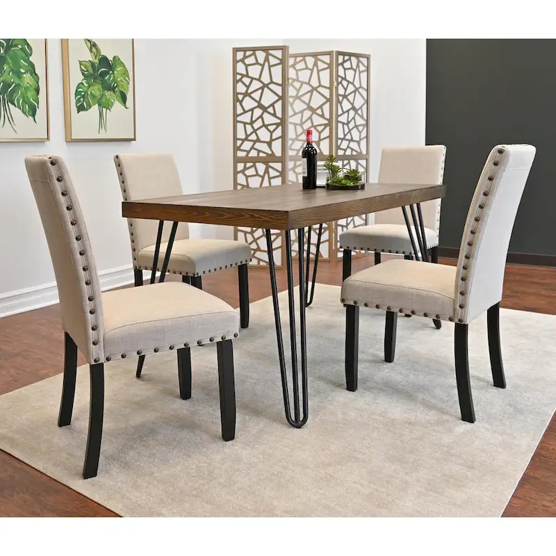 Roundhill Furniture Amisos 6-Piece Dining Set, Hairpin Dining Table with 4 Chairs and Upholstery Bench