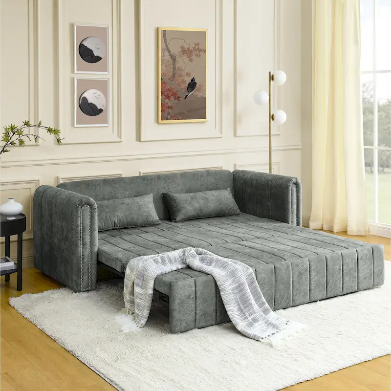 Modern 68 Foam 3 in 1 Pull-Out 3-seaters Bed Sleeper Sofa with Copper Nails and Two Drawers