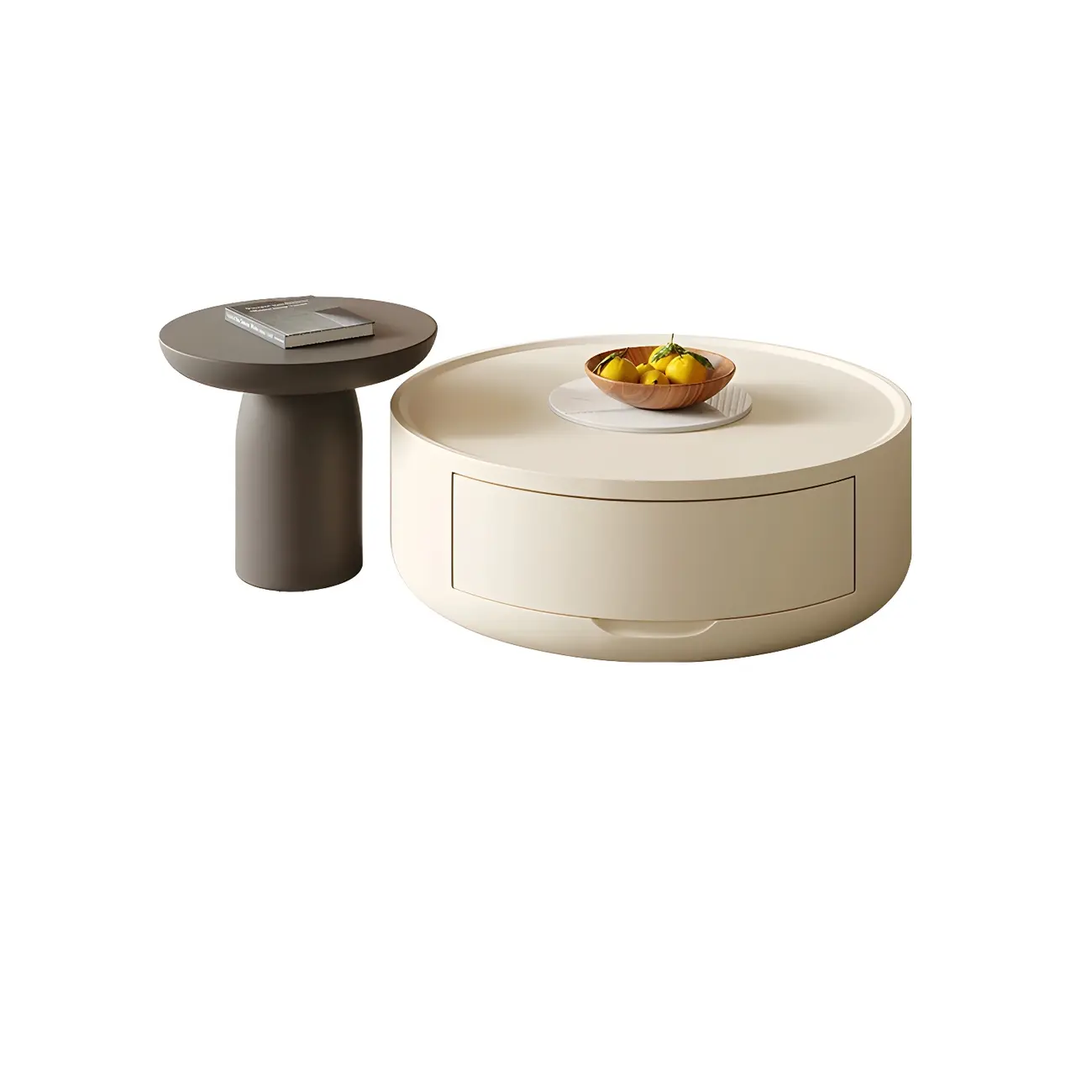 White Sleek Round Wood Drawer Coffee Table