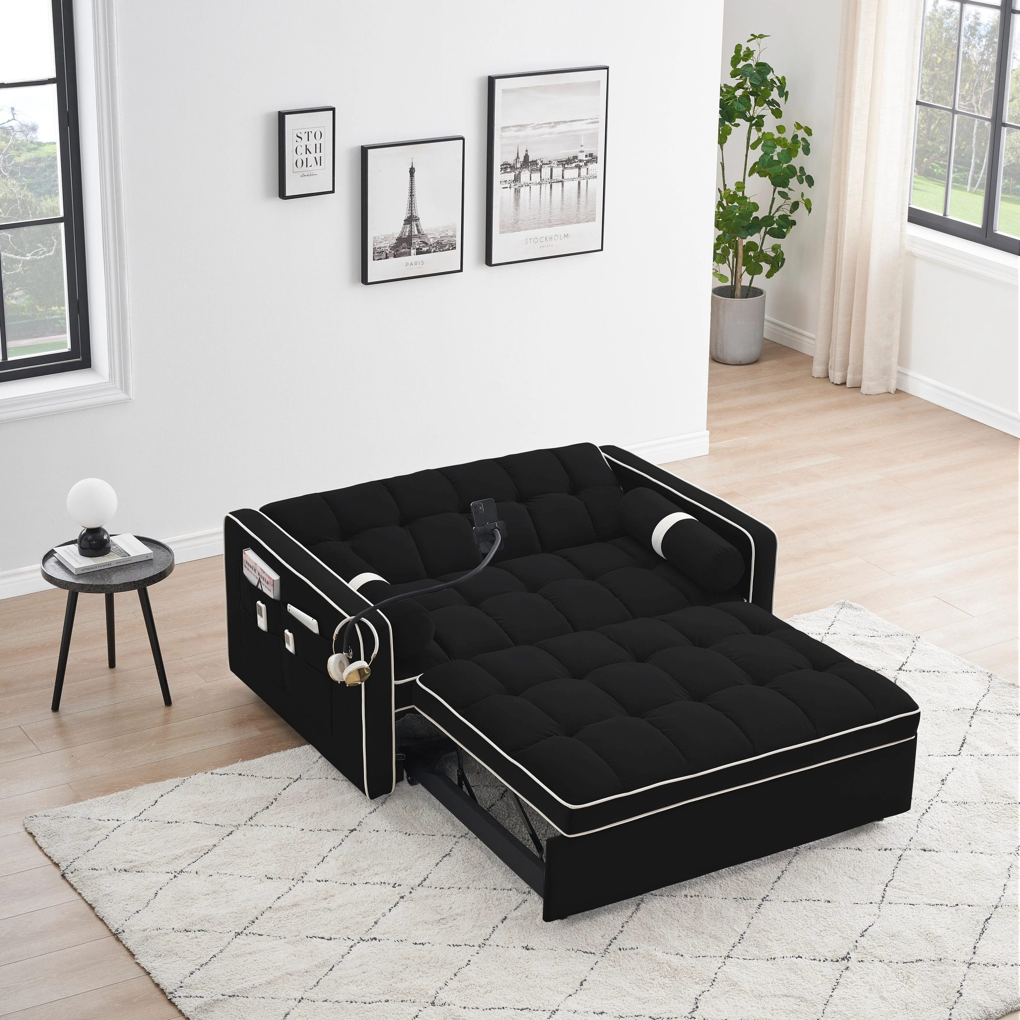 Velvet Convertible 55'' 2-Seater Sleeper Sofa with Pull-Out Bed, Adjustable Recline, Side Pockets, and Phone Holder