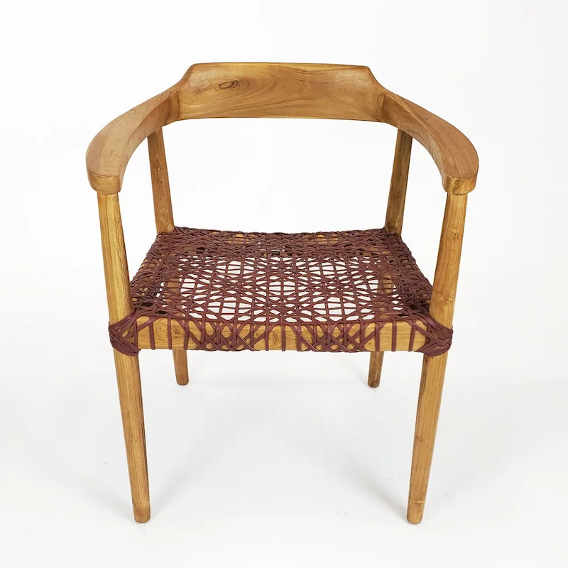 Erline Teak Wood Weaved Leather Seat Accent Chair Armchair