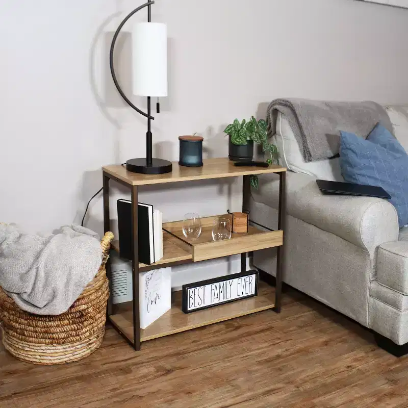 Sunnydaze Industrial-Style, 3-Shelf Sofa Table with Removable Serving Tray - Brown - 28.25 in