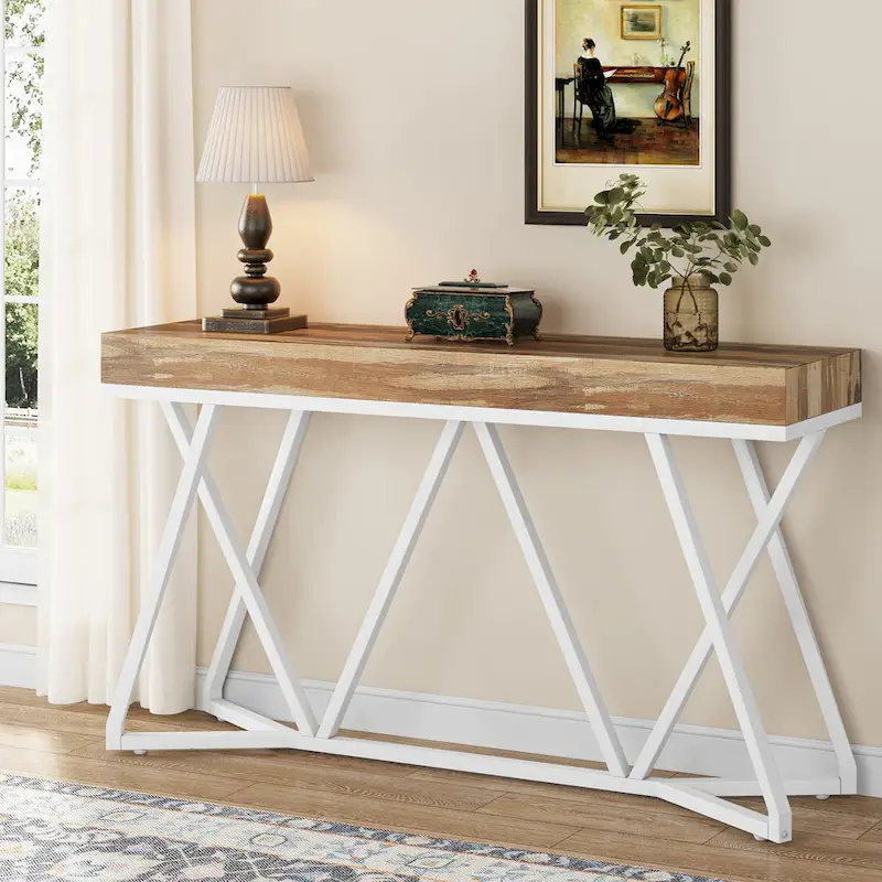 55 Inch Wood Console Table, Sofa Table Entryway Table with Unique Metal Legs