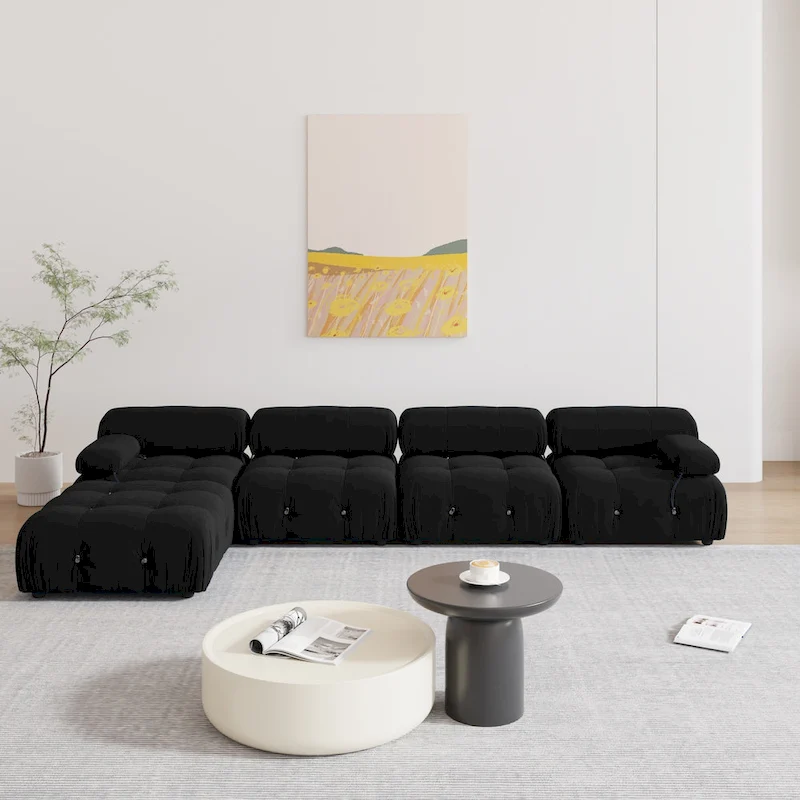 Black Velvet Upholstered Sectional Sofa