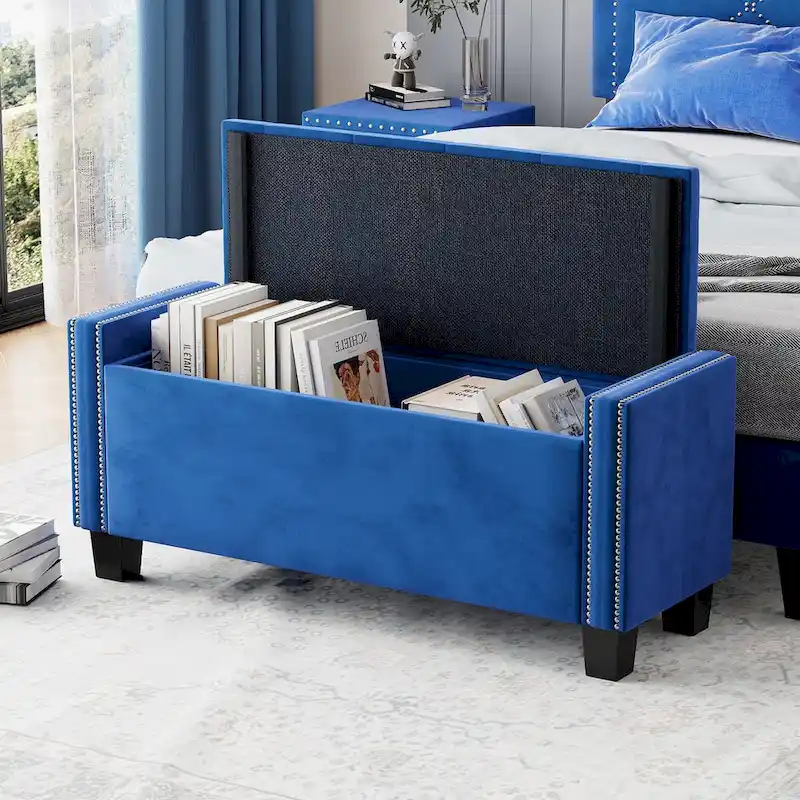 Upholstered Velvet Storage Ottoman Bench for Bedroom, End of Bed Bench with Rivet Design, Tufted Foot Rest Stool