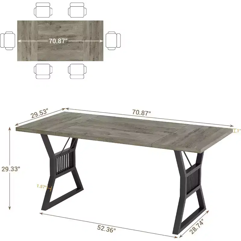 70.9 Gray Industrial Dining Table for 6-8, Rectangular Wooden Kitchen Table with Sturdy Black Metal Legs, Waterproof Surface, Modern Trestle Base