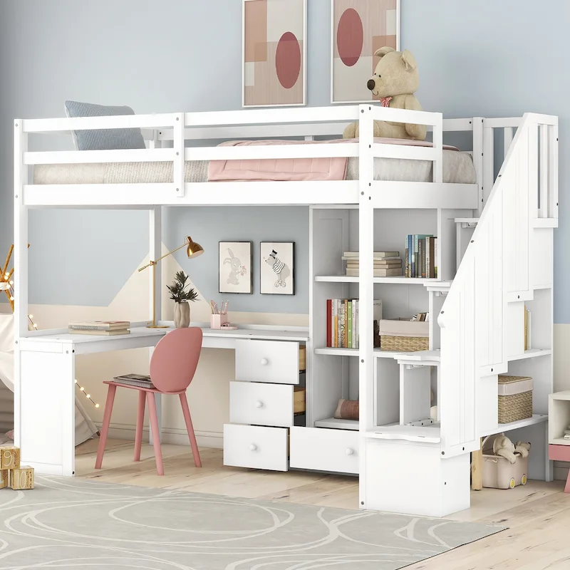 Twin Pine Loft Bed with L-Shaped Desk